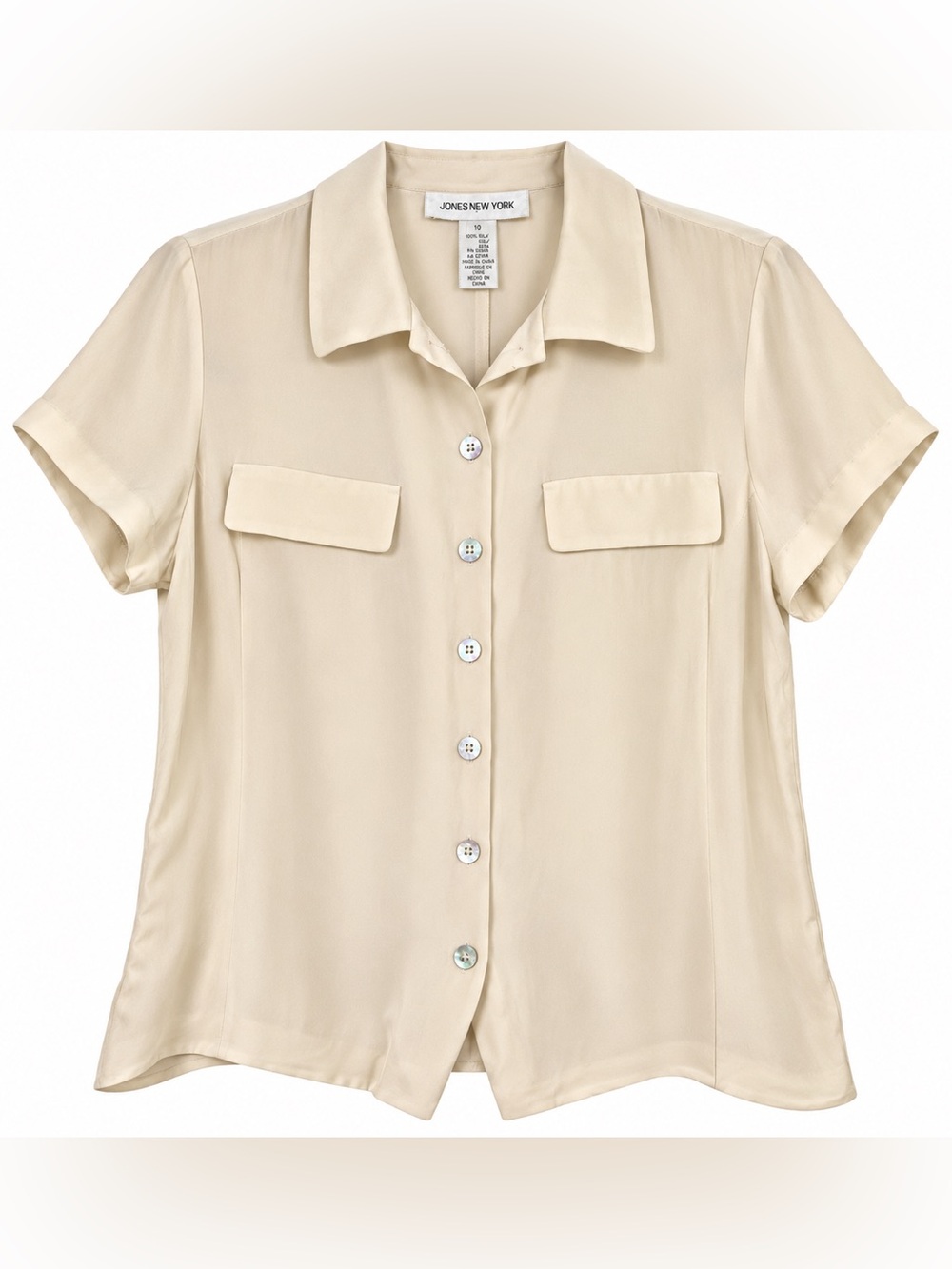Vtg Jones New York Silk Blouse 10 Beige 90s Rachel Friends Office Siren Top